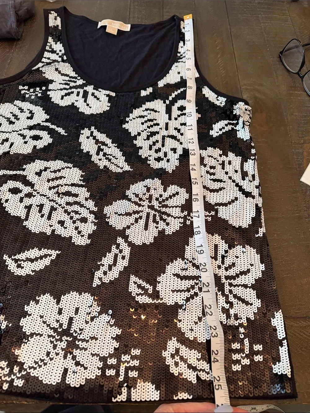 Michael Kors Black and White Sequin Floral Tank